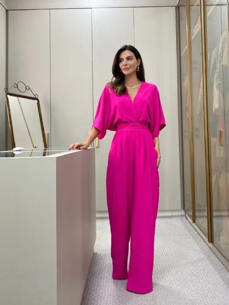 Jumpsuits Women Rompers Wide Leg Pants V Neck One Piece Spliced Full Length Short Sleeve Solid Sashes High Street Loose