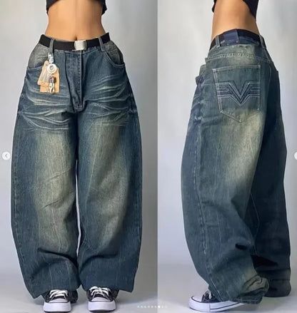 2024 New American Trend Retro Hip-Hop Embroidery Pattern Baggy Jeans for Men and Women Y2K Harajuku Gothic Wide Pants Streetwear