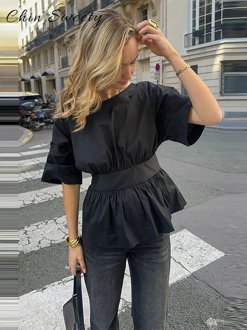 Fashion Bow Backless Pleated Shirts Women Solid O-Neck Half Sleeve Waist-Closed Top 2025 Spring Summer Lady High Street Shirt