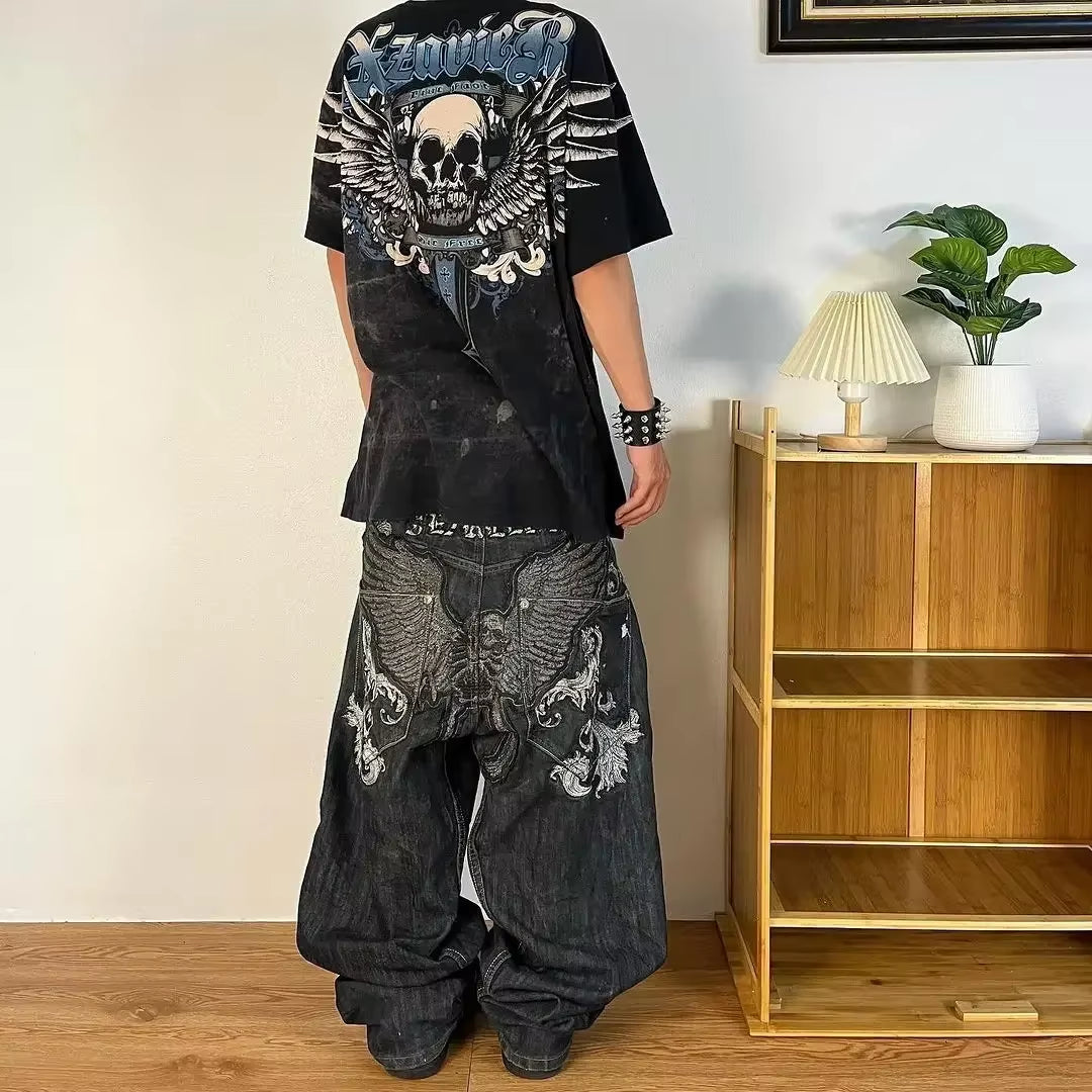 2024 New American Trend Retro Hip-Hop Embroidery Pattern Baggy Jeans for Men and Women Y2K Harajuku Gothic Wide Pants Streetwear
